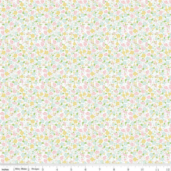 Image of the Summer Skies and Fireflies Garden Pink Quilting Cotton Fabric by Riley Blake Designs. Features flowers on a pink background. Cute Little Fabric Shop