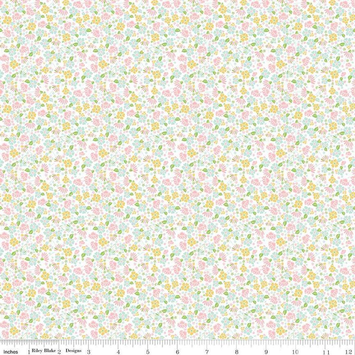 Image of the Summer Skies and Fireflies Garden Pink Quilting Cotton Fabric by Riley Blake Designs. Features flowers on a pink background. Cute Little Fabric Shop