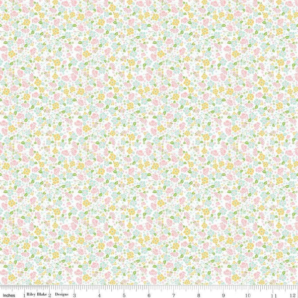 Image of the Summer Skies and Fireflies Garden Pink Quilting Cotton Fabric by Riley Blake Designs. Features flowers on a pink background. Cute Little Fabric Shop