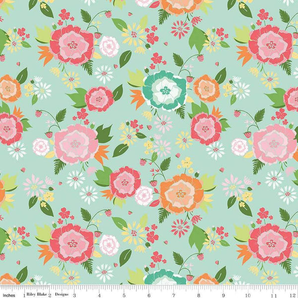 Image of the Summer Skies and Fireflies Main Aqua Quilting Cotton Fabric by Riley Blake Designs. Features flowers on a blue background. Cute Little Fabric Shop