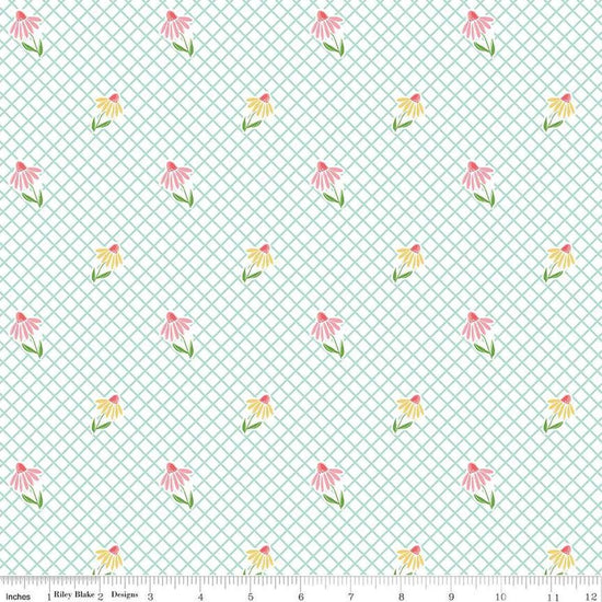 Image of the Summer Skies and Fireflies Cone Flowers White Quilting Cotton Fabric by Riley Blake Designs. Features grid lines on a white background. Cute Little Fabric Shop