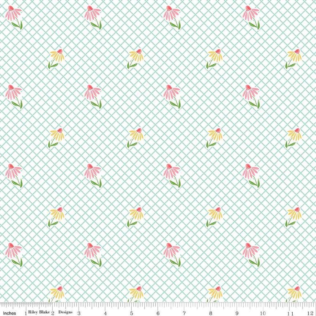 Image of the Summer Skies and Fireflies Cone Flowers White Quilting Cotton Fabric by Riley Blake Designs. Features grid lines on a white background. Cute Little Fabric Shop