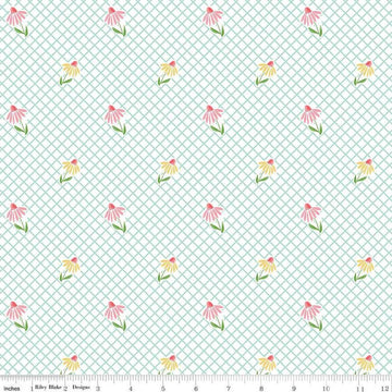 Image of the Summer Skies and Fireflies Cone Flowers White Quilting Cotton Fabric by Riley Blake Designs. Features grid lines on a white background. Cute Little Fabric Shop