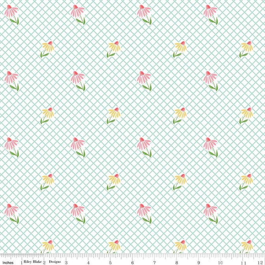 Image of the Summer Skies and Fireflies Cone Flowers White Quilting Cotton Fabric by Riley Blake Designs. Features grid lines on a white background. Cute Little Fabric Shop