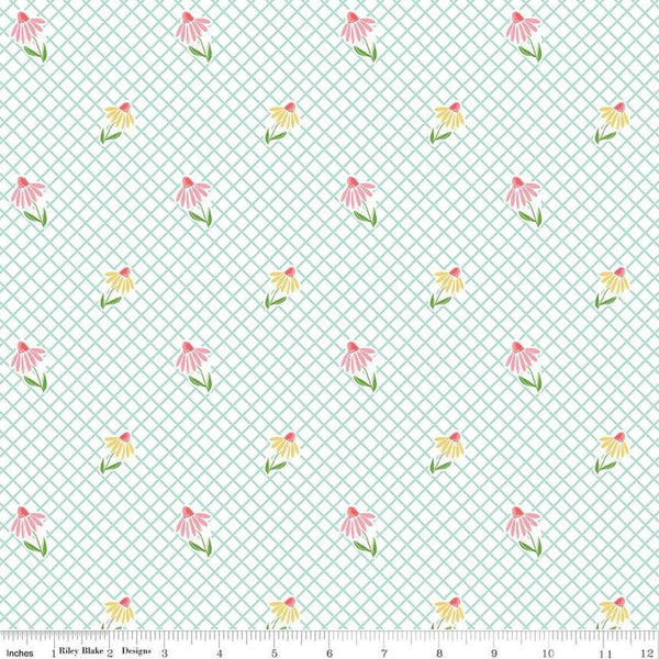 Image of the Summer Skies and Fireflies Cone Flowers White Quilting Cotton Fabric by Riley Blake Designs. Features grid lines on a white background. Cute Little Fabric Shop