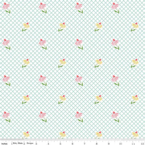 Image of the Summer Skies and Fireflies Cone Flowers White Quilting Cotton Fabric by Riley Blake Designs. Features grid lines on a white background. Cute Little Fabric Shop