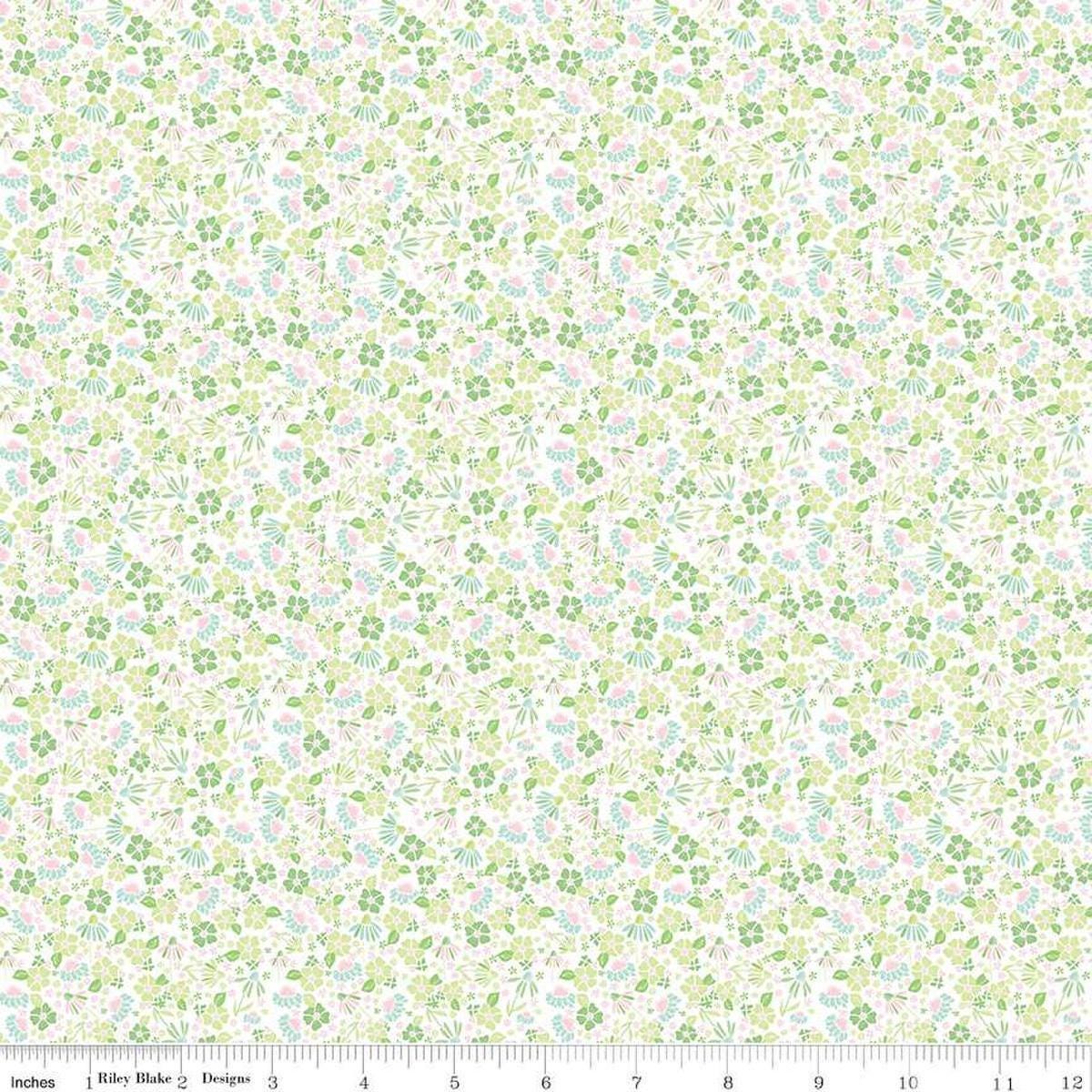 Image of the Summer Skies and Fireflies Garden White Quilting Cotton Fabric by Riley Blake Designs. Features flowers on a white background. Cute Little Fabric Shop