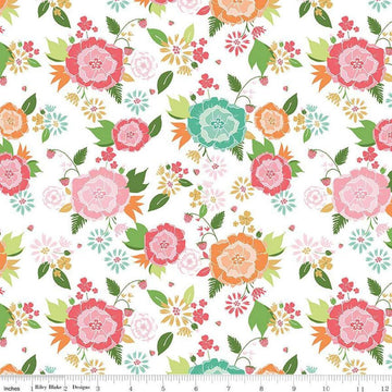 Image of the Summer Skies and Fireflies Main White Quilting Cotton Fabric by Riley Blake Designs. Features flowers on a white background. Cute Little Fabric Shop