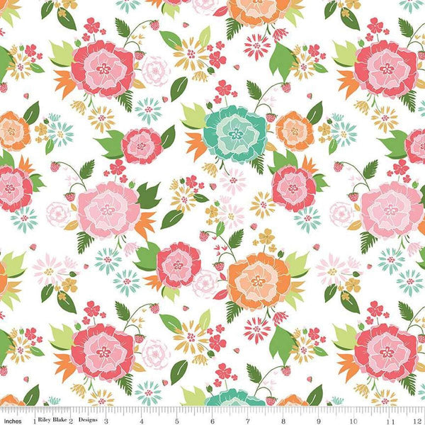 Image of the Summer Skies and Fireflies Main White Quilting Cotton Fabric by Riley Blake Designs. Features flowers on a white background. Cute Little Fabric Shop