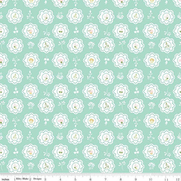 Image of the Summer Skies and Fireflies Doilies Aqua Quilting Cotton Fabric by Riley Blake Designs. Features flowers on a blue background. Cute Little Fabric Shop