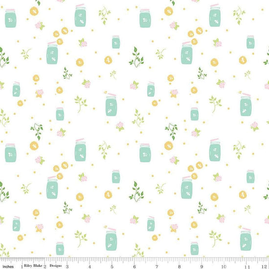 Image of the Summer Skies and Fireflies Fireflies White Quilting Cotton Fabric by Riley Blake Designs. Features fireflies on a white background. Cute Little Fabric Shop