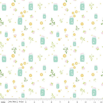 Image of the Summer Skies and Fireflies Fireflies White Quilting Cotton Fabric by Riley Blake Designs. Features fireflies on a white background. Cute Little Fabric Shop