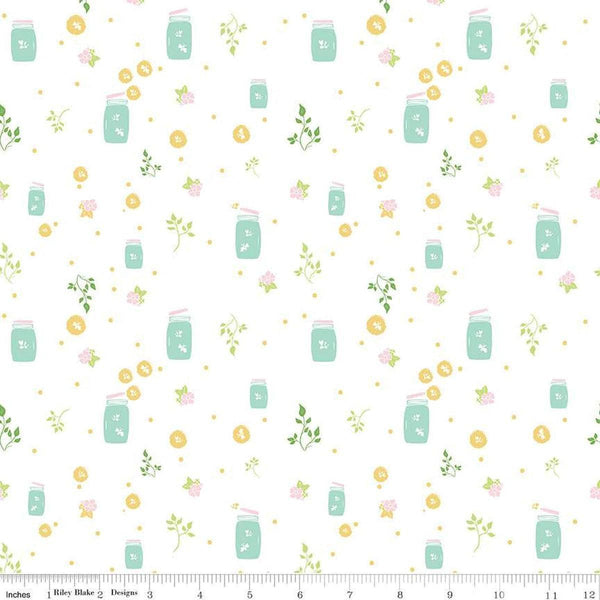 Image of the Summer Skies and Fireflies Fireflies White Quilting Cotton Fabric by Riley Blake Designs. Features fireflies on a white background. Cute Little Fabric Shop