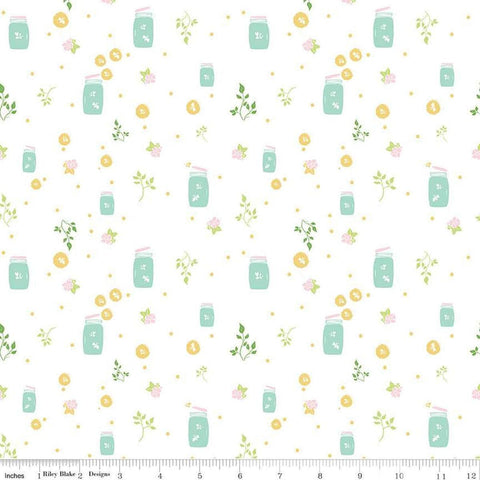 Image of the Summer Skies and Fireflies Fireflies White Quilting Cotton Fabric by Riley Blake Designs. Features fireflies on a white background. Cute Little Fabric Shop