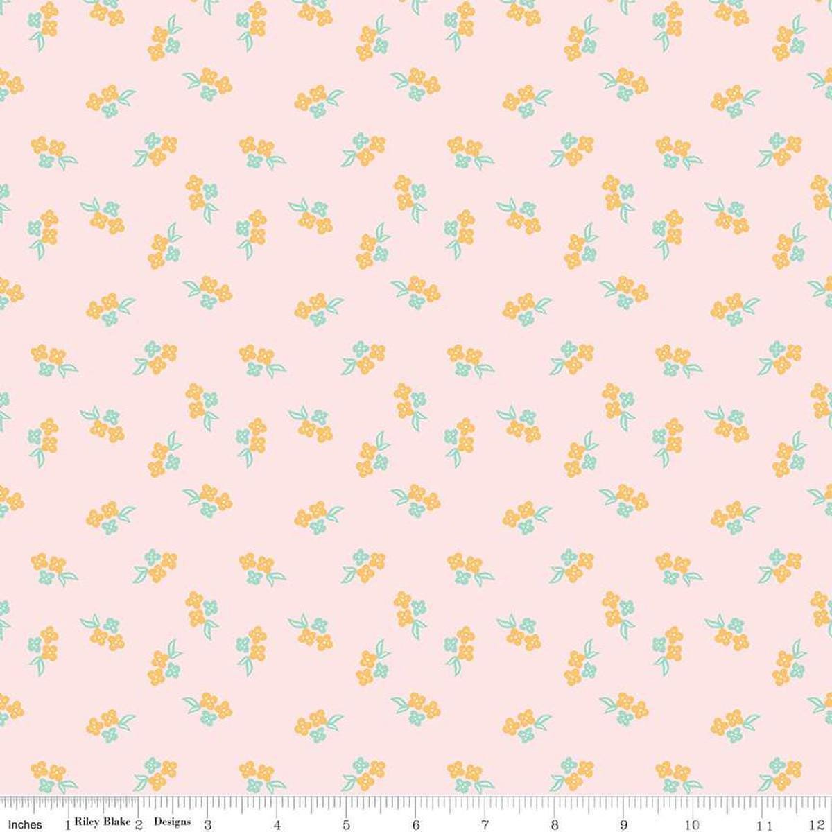 Image of the Summer Skies and Fireflies Raspberries Pink Quilting Cotton Fabric by Riley Blake Designs. Features raspberries on a pink background. Cute Little Fabric Shop