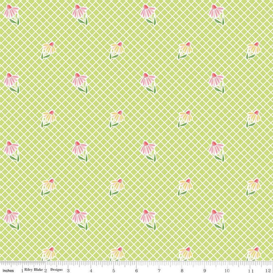 Image of the Summer Skies and Fireflies Cone Flowers Lime Quilting Cotton Fabric by Riley Blake Designs. Features grid lines on a green background. Cute Little Fabric Shop