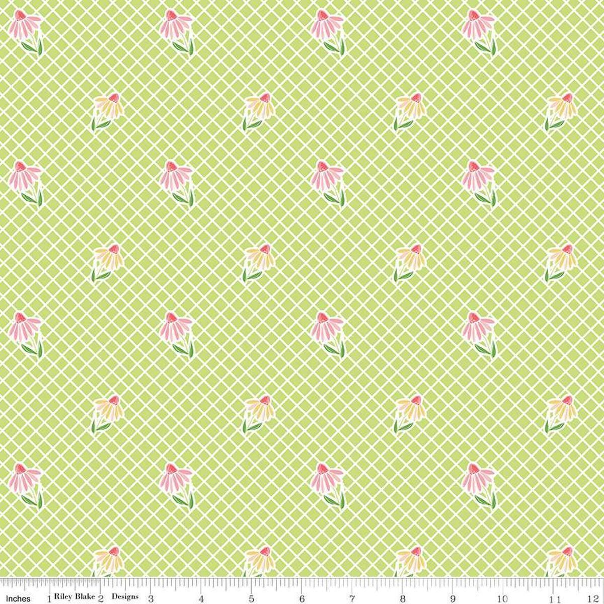 Image of the Summer Skies and Fireflies Cone Flowers Lime Quilting Cotton Fabric by Riley Blake Designs. Features grid lines on a green background. Cute Little Fabric Shop