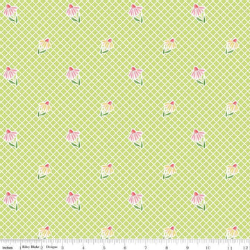 Image of the Summer Skies and Fireflies Cone Flowers Lime Quilting Cotton Fabric by Riley Blake Designs. Features grid lines on a green background. Cute Little Fabric Shop