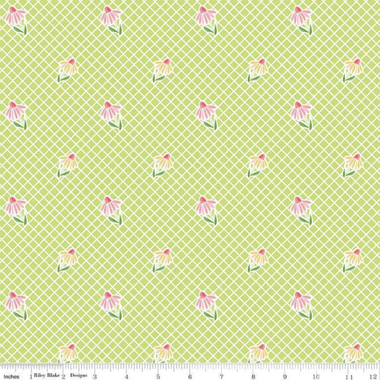Image of the Summer Skies and Fireflies Cone Flowers Lime Quilting Cotton Fabric by Riley Blake Designs. Features grid lines on a green background. Cute Little Fabric Shop