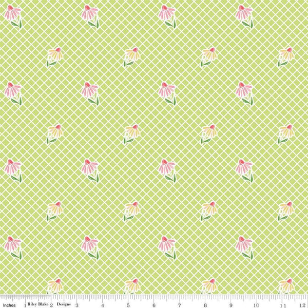 Image of the Summer Skies and Fireflies Cone Flowers Lime Quilting Cotton Fabric by Riley Blake Designs. Features grid lines on a green background. Cute Little Fabric Shop