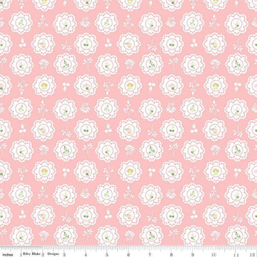 Image of the Summer Skies and Fireflies Doilies Pink Quilting Cotton Fabric by Riley Blake Designs. Features flowers on a pink background. Cute Little Fabric Shop