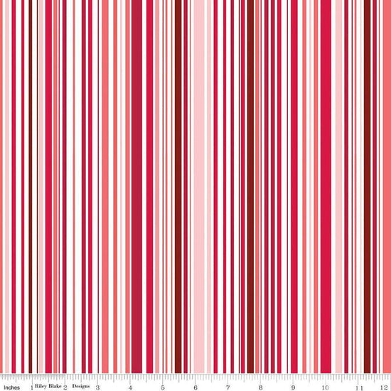 Image of the Cloudburst Stripe Red quilting cotton fabric by Riley Blake Designs. Features stripes on a red background. Cute Little Fabric Shop