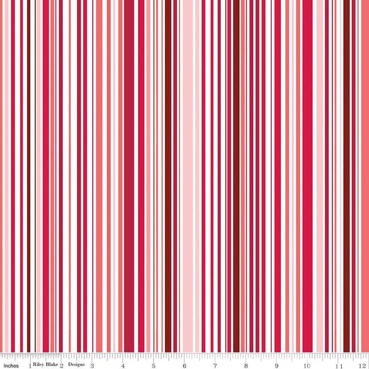 Image of the Cloudburst Stripe Red quilting cotton fabric by Riley Blake Designs. Features stripes on a red background. Cute Little Fabric Shop