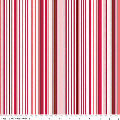 Image of the Cloudburst Stripe Red quilting cotton fabric by Riley Blake Designs. Features stripes on a red background. Cute Little Fabric Shop