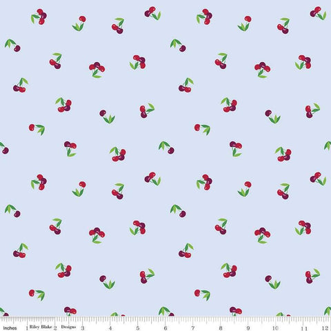 Image of the Cloudburst Cherries Mist quilting cotton fabric by Riley Blake Designs. Features cherries on a white background. Cute Little Fabric Shop
