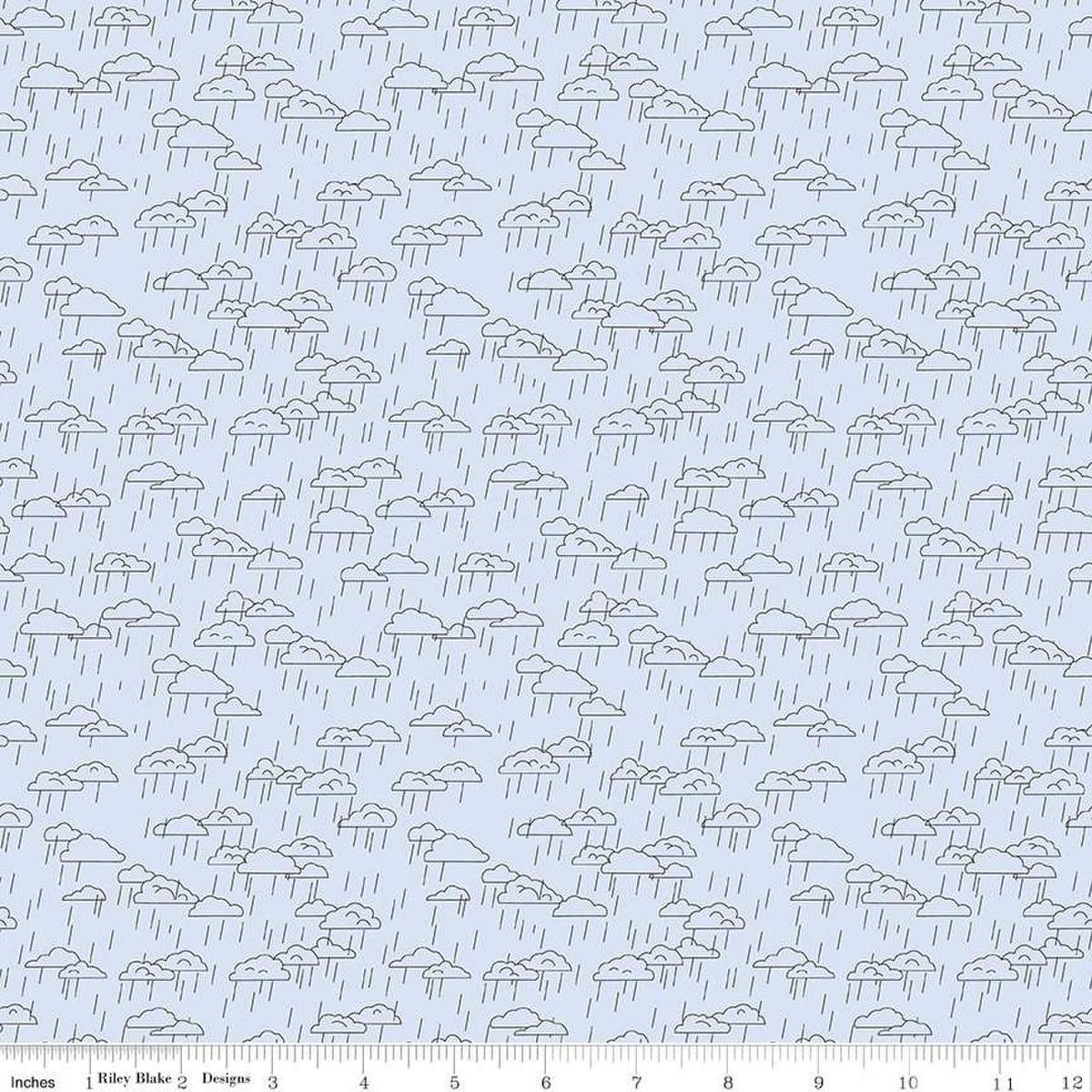 Image of the Cloudburst Clouds Mist quilting cotton fabric by Riley Blake Designs. Features clouds on a white background. Cute Little Fabric Shop