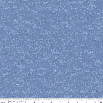 Image of the Cloudburst Clouds Blue quilting cotton fabric by Riley Blake Designs. Features clouds on a blue background. Cute Little Fabric Shop