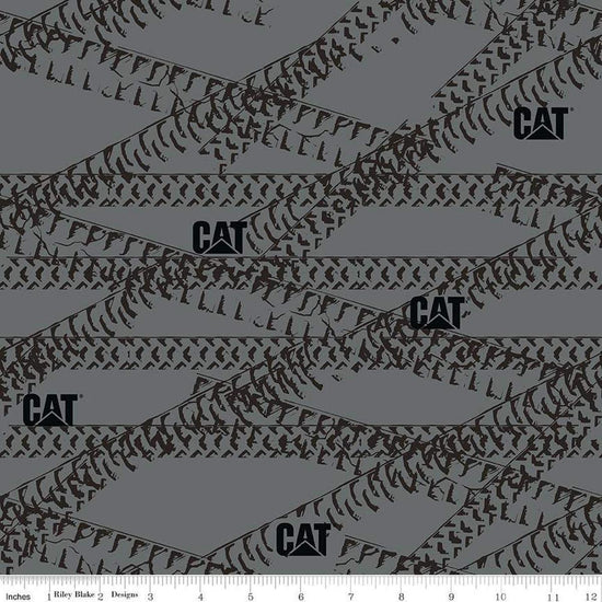Image of the Caterpillar 100 Years Tracks Gray quilting cotton fabric by Riley Blake Designs. Features tracks on a gray background. Cute Little Fabric Shop
