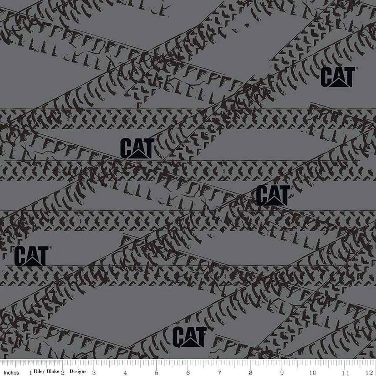 Image of the Caterpillar 100 Years Tracks Gray quilting cotton fabric by Riley Blake Designs. Features tracks on a gray background. Cute Little Fabric Shop