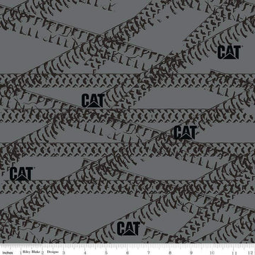 Image of the Caterpillar 100 Years Tracks Gray quilting cotton fabric by Riley Blake Designs. Features tracks on a gray background. Cute Little Fabric Shop