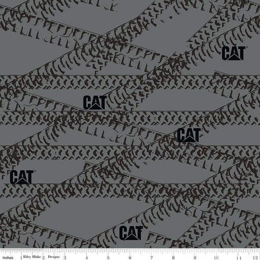 Image of the Caterpillar 100 Years Tracks Gray quilting cotton fabric by Riley Blake Designs. Features tracks on a gray background. Cute Little Fabric Shop