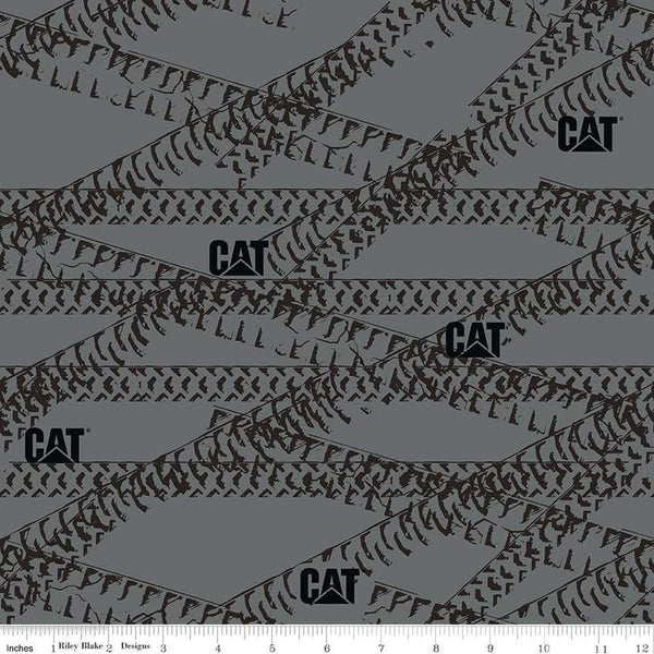 Image of the Caterpillar 100 Years Tracks Gray quilting cotton fabric by Riley Blake Designs. Features tracks on a gray background. Cute Little Fabric Shop
