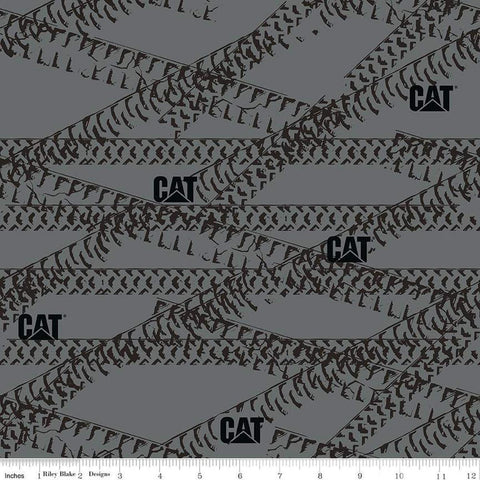 Image of the Caterpillar 100 Years Tracks Gray quilting cotton fabric by Riley Blake Designs. Features tracks on a gray background. Cute Little Fabric Shop
