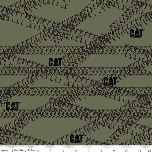 Image of the Caterpillar 100 Years Tracks Green quilting cotton fabric by Riley Blake Designs. Features tracks on a green background. Cute Little Fabric Shop