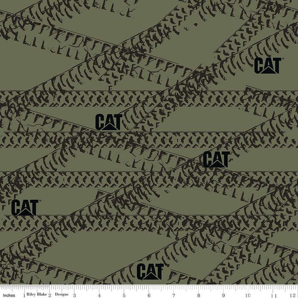 Image of the Caterpillar 100 Years Tracks Green quilting cotton fabric by Riley Blake Designs. Features tracks on a green background. Cute Little Fabric Shop