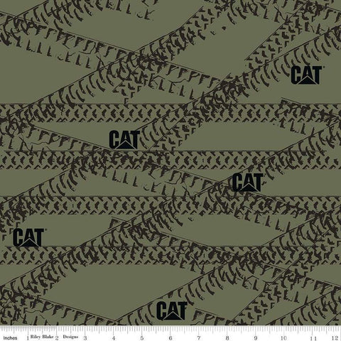 Image of the Caterpillar 100 Years Tracks Green quilting cotton fabric by Riley Blake Designs. Features tracks on a green background. Cute Little Fabric Shop