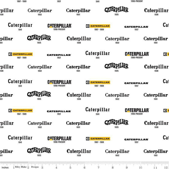 Image of the Caterpillar 100 Years Vintage Logos White quilting cotton fabric by Riley Blake Designs. Features logos on a white background. Cute Little Fabric Shop