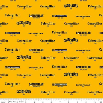 Image of the Caterpillar 100 Years Vintage Logos Yellow quilting cotton fabric by Riley Blake Designs. Features logos on a yellow background. Cute Little Fabric Shop