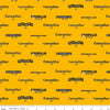Image of the Caterpillar 100 Years Vintage Logos Yellow quilting cotton fabric by Riley Blake Designs. Features logos on a yellow background. Cute Little Fabric Shop
