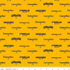 Image of the Caterpillar 100 Years Vintage Logos Yellow quilting cotton fabric by Riley Blake Designs. Features logos on a yellow background. Cute Little Fabric Shop