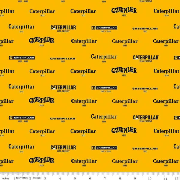 Image of the Caterpillar 100 Years Vintage Logos Yellow quilting cotton fabric by Riley Blake Designs. Features logos on a yellow background. Cute Little Fabric Shop