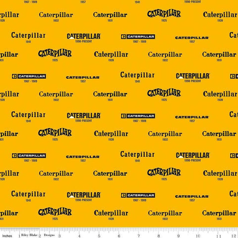 Image of the Caterpillar 100 Years Vintage Logos Yellow quilting cotton fabric by Riley Blake Designs. Features logos on a yellow background. Cute Little Fabric Shop