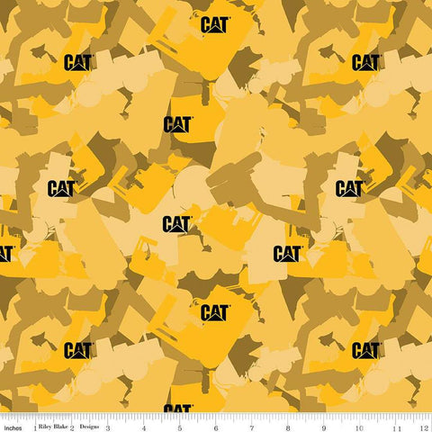 Image of the Caterpillar 100 Years Camo Yellow quilting cotton fabric by Riley Blake Designs. Features camouflage on a yellow background. Cute Little Fabric Shop