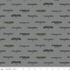 Image of the Caterpillar 100 Years Vintage Logos Gray quilting cotton fabric by Riley Blake Designs. Features logos on a gray background. Cute Little Fabric Shop