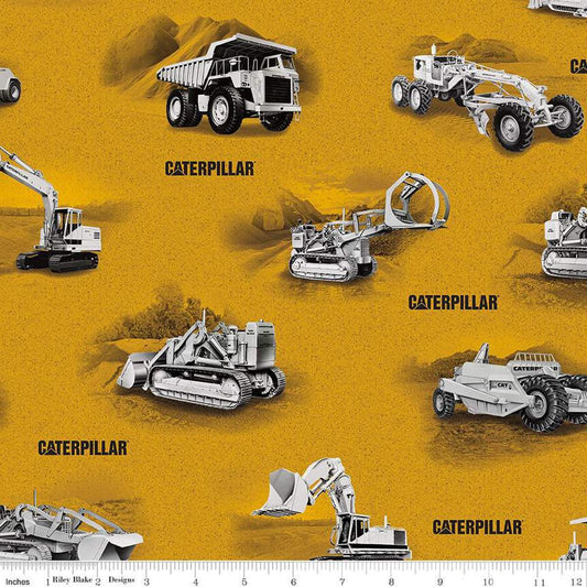 Image of the Caterpillar 100 Years Main Yellow quilting cotton fabric by Riley Blake Designs. Features construction vehicles on a yellow background. Cute Little Fabric Shop