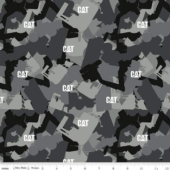 Image of the Caterpillar 100 Years Camo Gray quilting cotton fabric by Riley Blake Designs. Features camouflage on a gray background. Cute Little Fabric Shop